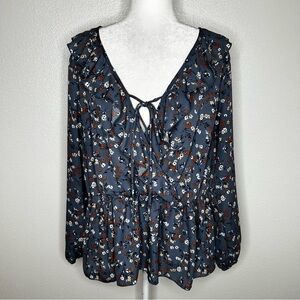 Haute Fox Womens Gray Floral Ruffled Tie-Neck Long Sleeve Top Plus Size 2X EUC